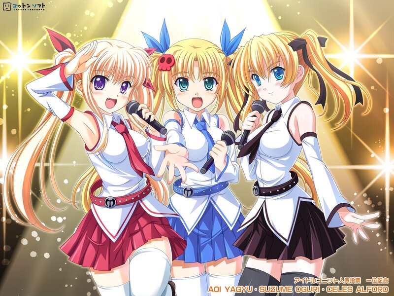 Three anime girls singing on stage