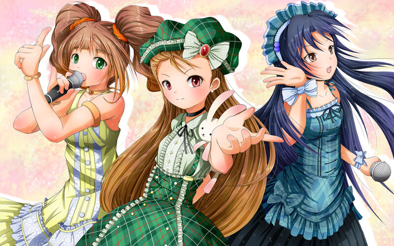 Three Anime Girls Singing — Pink, Cheerful, Microphone
