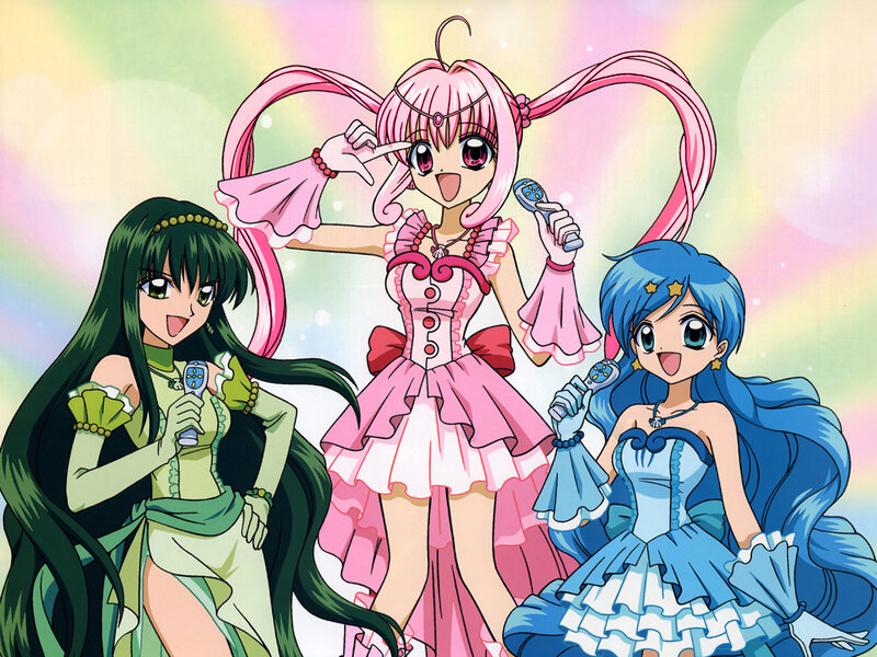 Three Anime Girls Singing — Pink, Cheerful, Microphones