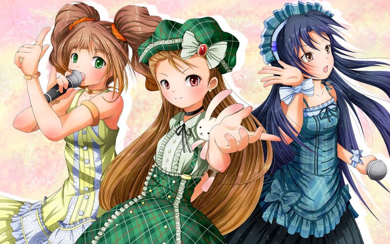 Three anime girls singing together