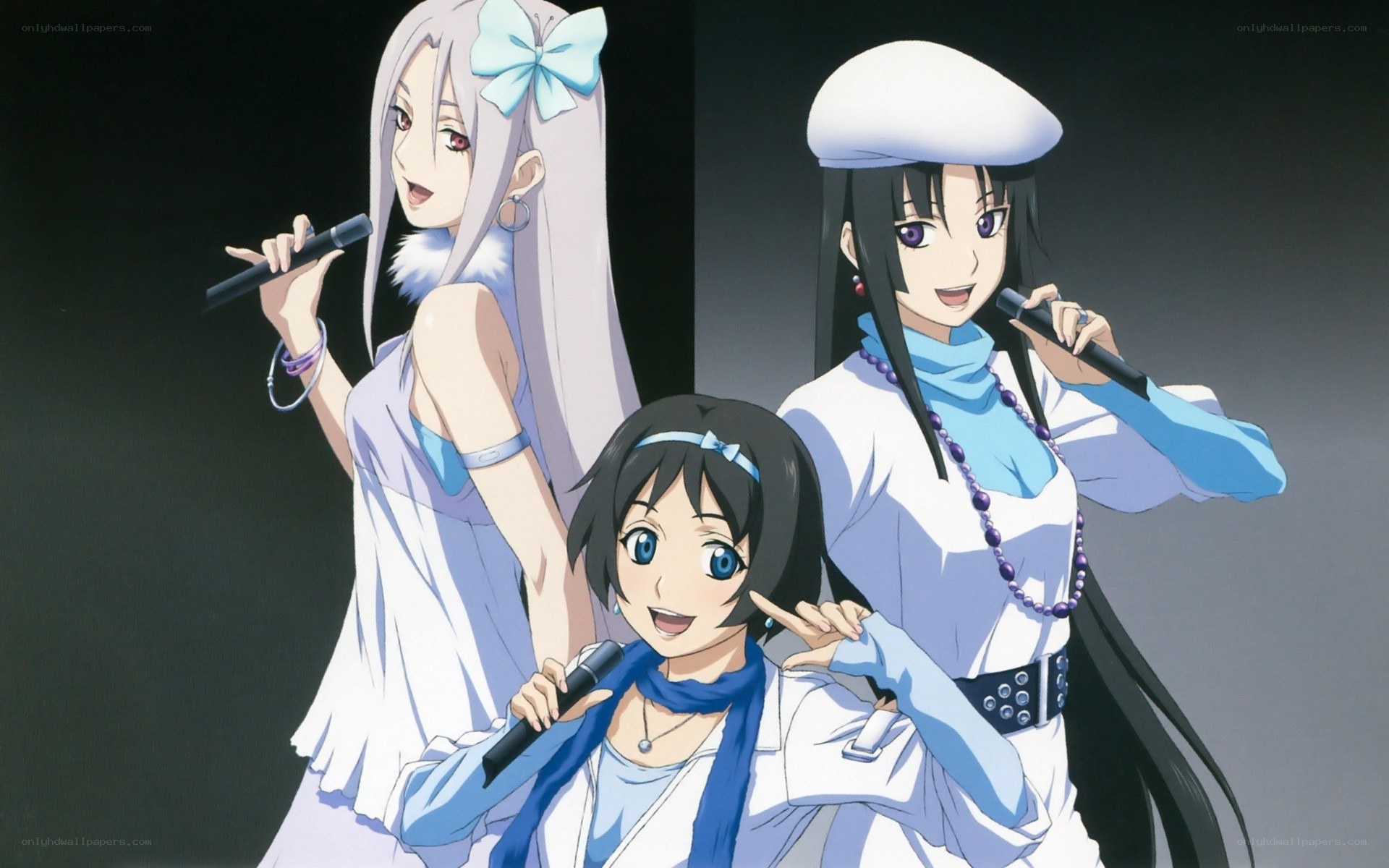 Three anime girls singing together
