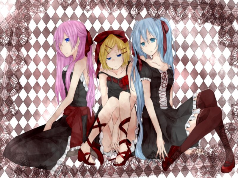 Three Anime Girls Sitting — Black