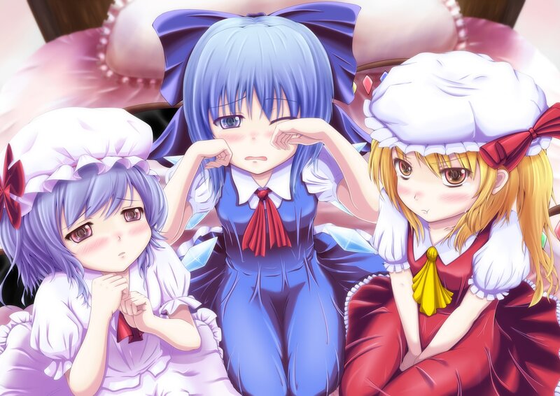 Three Anime Girls Sitting — Blue, Calm