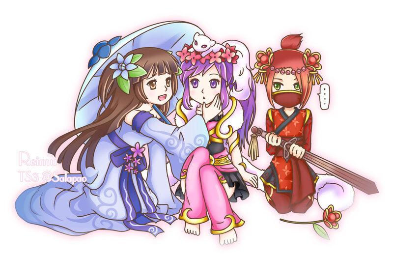 Three Anime Girls Sitting — Blue, Playful, Digital Art