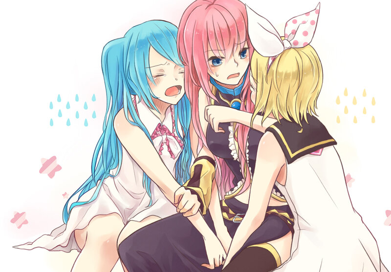 Three Anime Girls Sitting — Blue, Playful