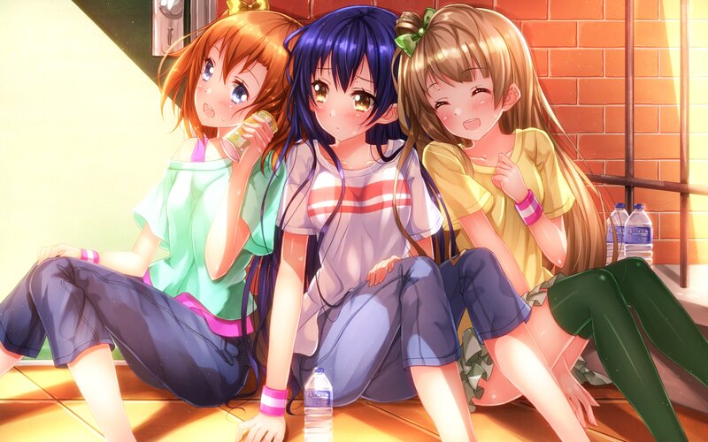 Three Anime Girls Sitting — Blue, Relaxed, Afternoon