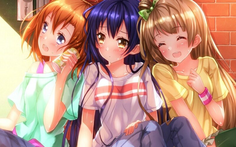 Three Anime Girls Sitting — Blue, Relaxed, Brick Wall