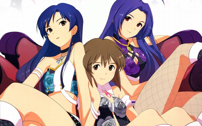 Three Anime Girls Sitting — Blue, Relaxed