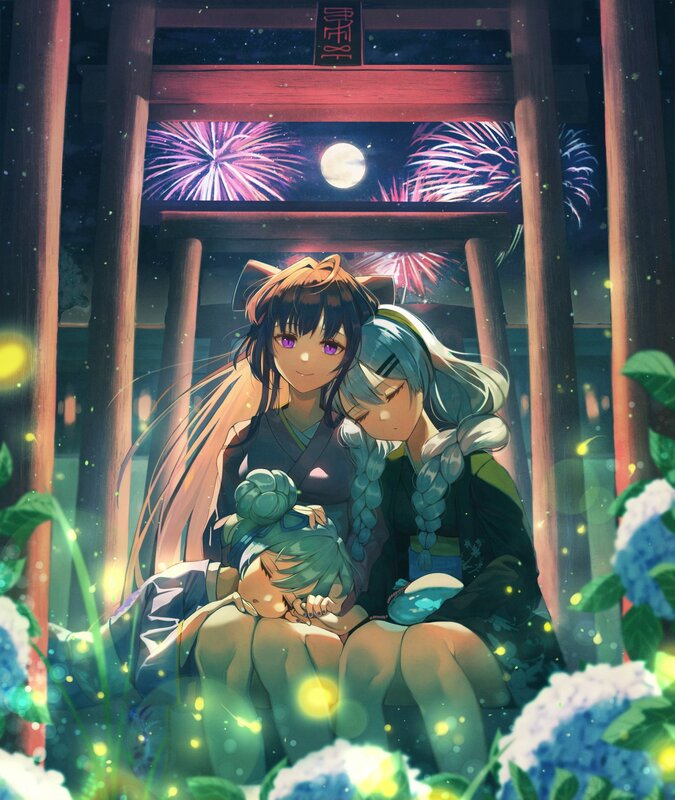 Three Anime Girls Sitting — Blue, Serene, Night