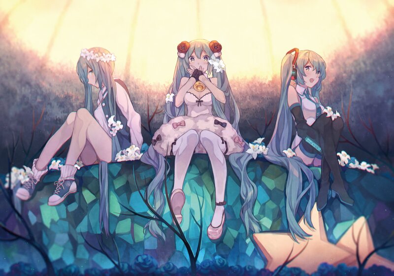Three Anime Girls Sitting — Blue, Serene, Sunset