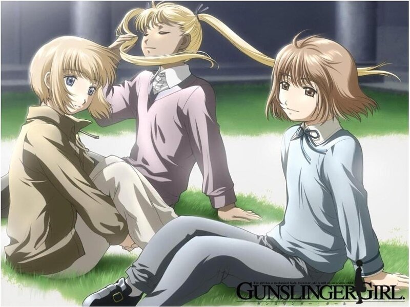 Three Anime Girls Sitting — Green, Calm