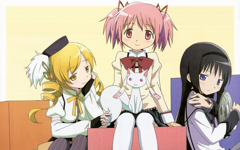 Three Anime Girls Sitting — Pink, Calm, Cat