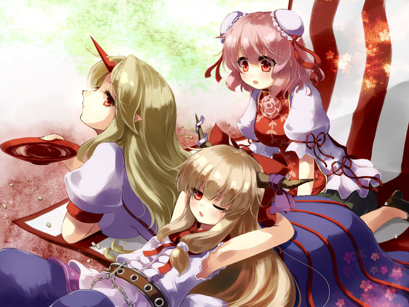 Three Anime Girls Sitting — Pink, Calm
