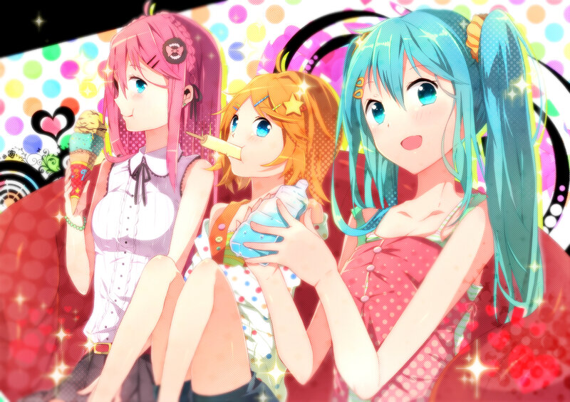 Three Anime Girls Sitting — Pink, Cheerful