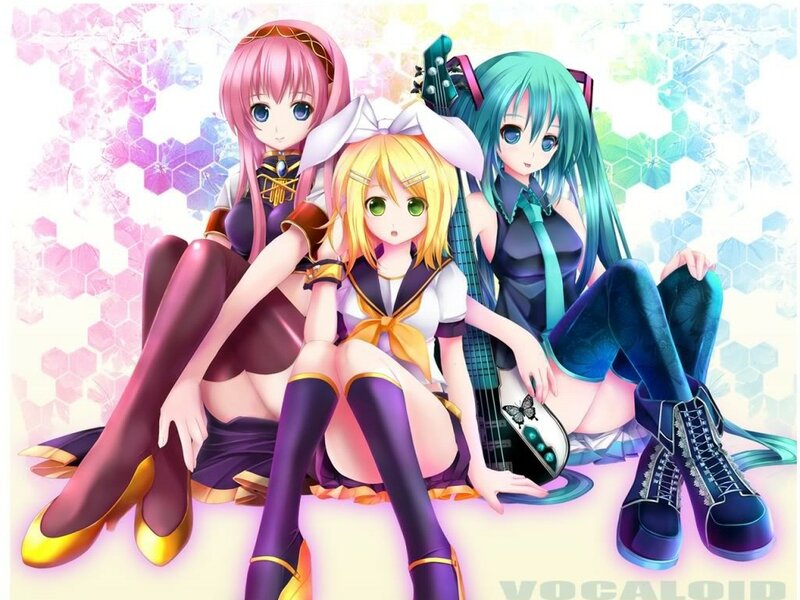 Three Anime Girls Sitting — Pink, Colorful