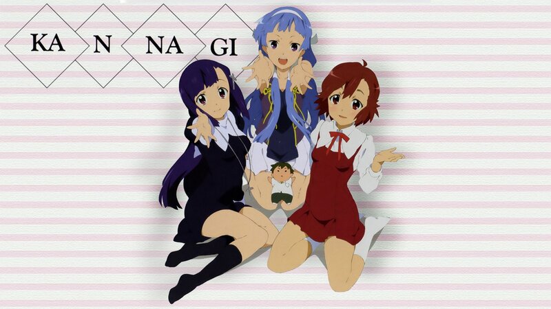 Three Anime Girls Sitting — Pink, Playful, Striped Background