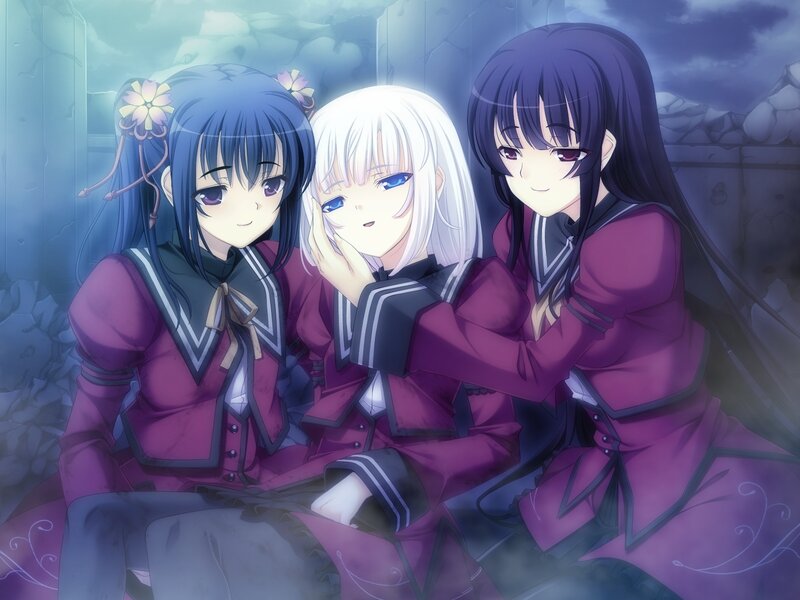 Three Anime Girls Sitting — Purple, Calm