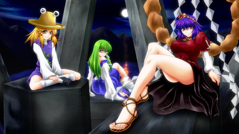 Three Anime Girls Sitting — Purple, Dramatic