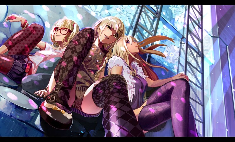 Three Anime Girls Sitting — Purple, Dreamy