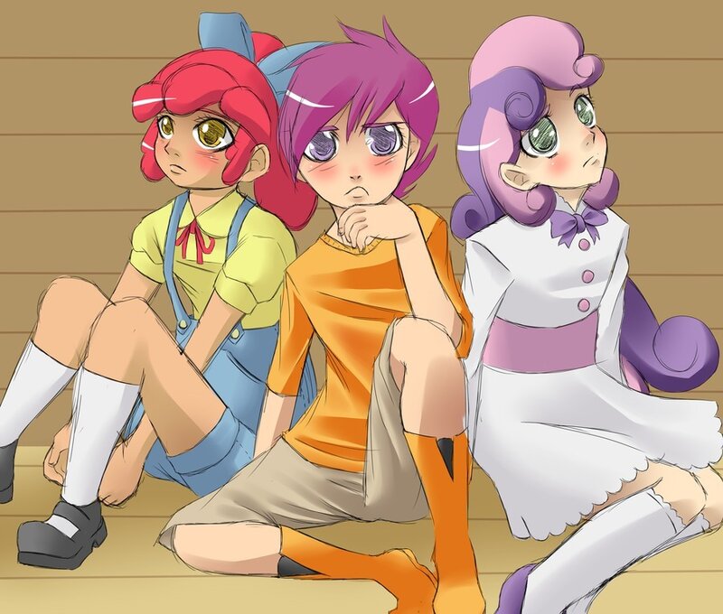 Three Anime Girls Sitting — Purple, Neutral