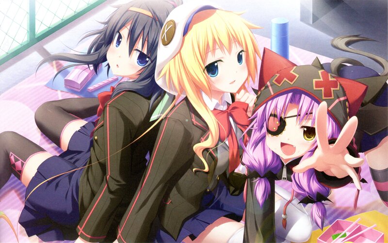 Three Anime Girls Sitting — Purple, Playful