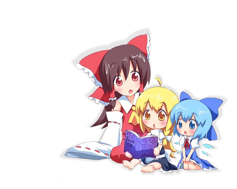 Three Anime Girls Sitting — Red, Playful