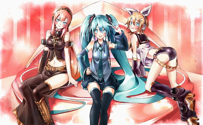 Three Anime Girls Sitting — Red