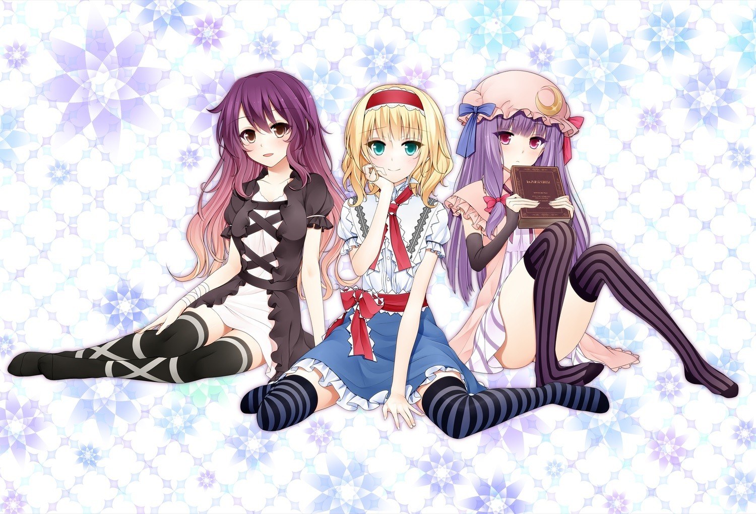 three anime girls sitting together