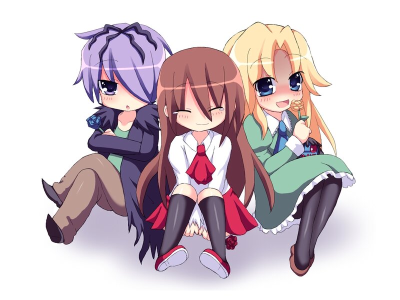 Three Anime Girls Sitting — White, Cheerful, School Uniforms