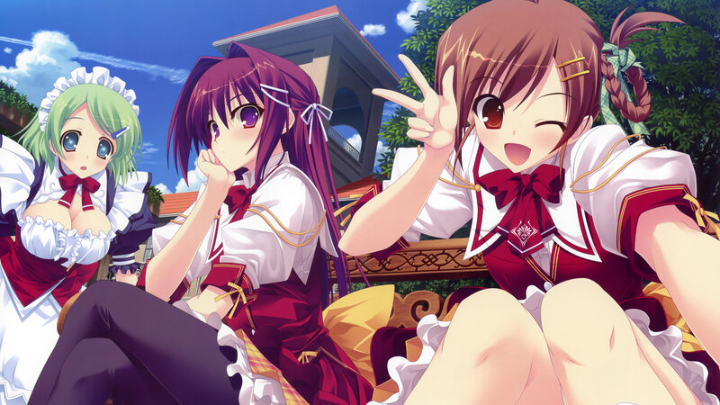 Three Anime Girls Sitting — White, Cheerful