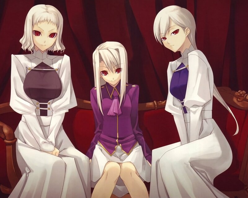 Three Anime Girls Sitting — White, Dramatic, Chairs