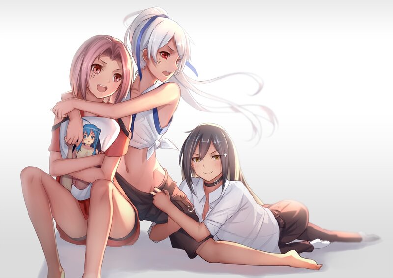 Three Anime Girls Sitting — White, Playful, Digital Art