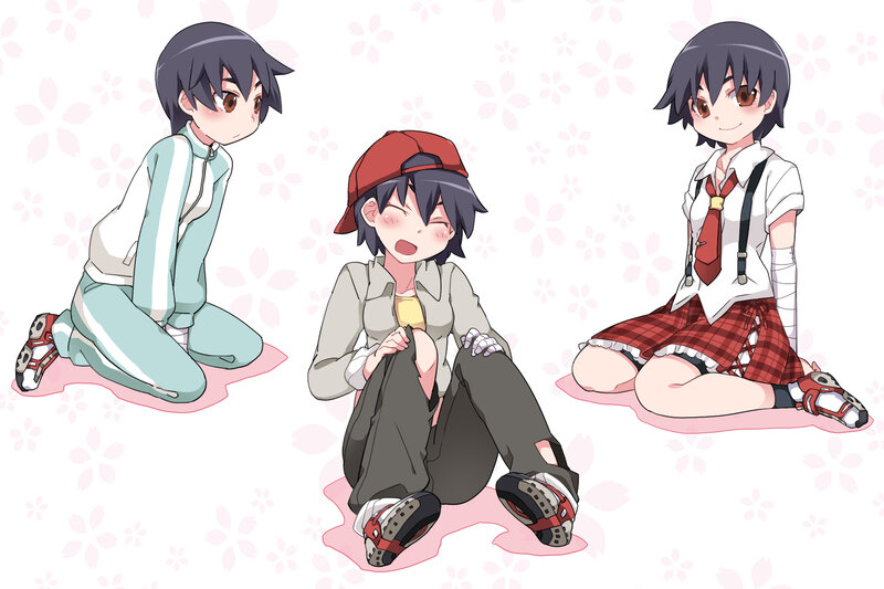 Three Anime Girls Sitting — White, Playful, Spring