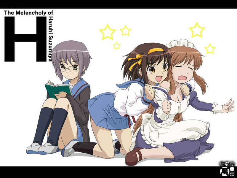 Three Anime Girls Sitting — White, Playful