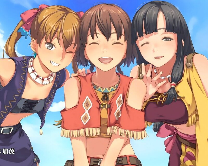 Three Anime Girls Smiling — Blue