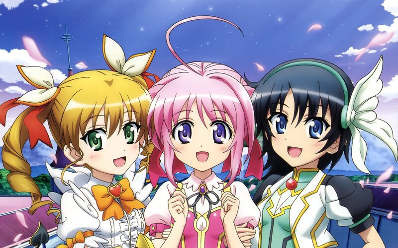 three anime girls smiling together