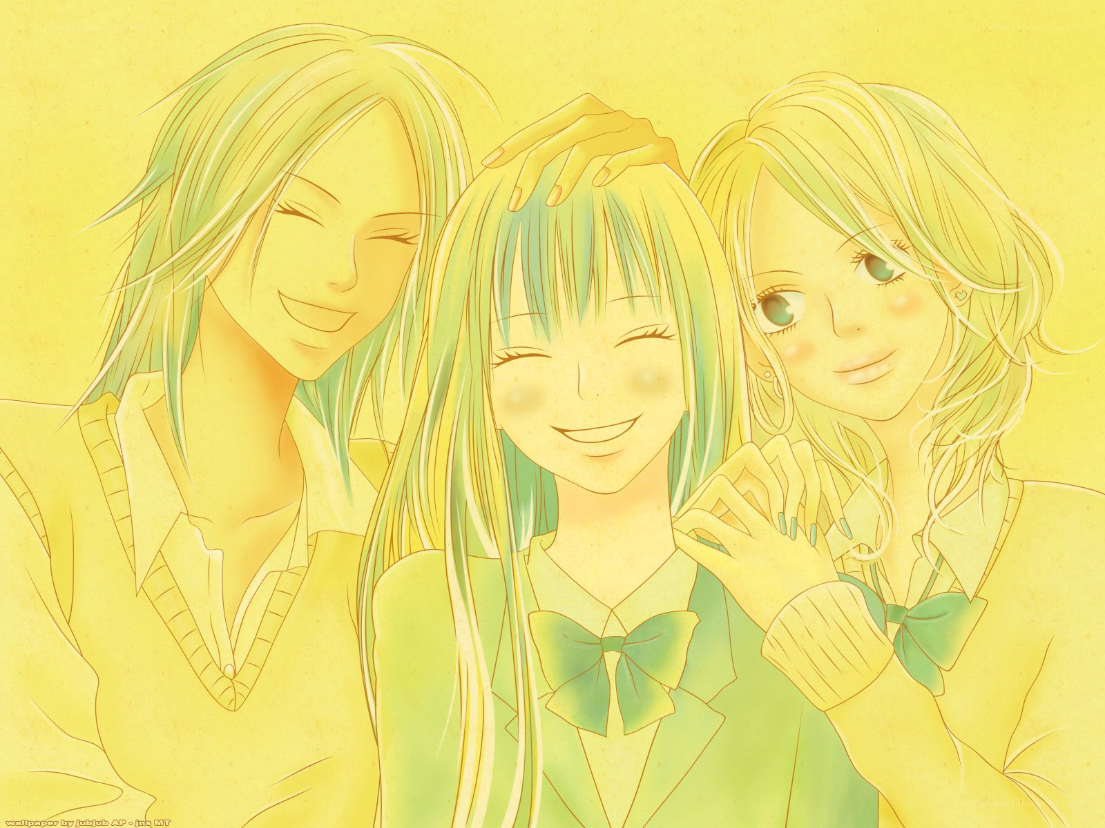 Three anime girls smiling together