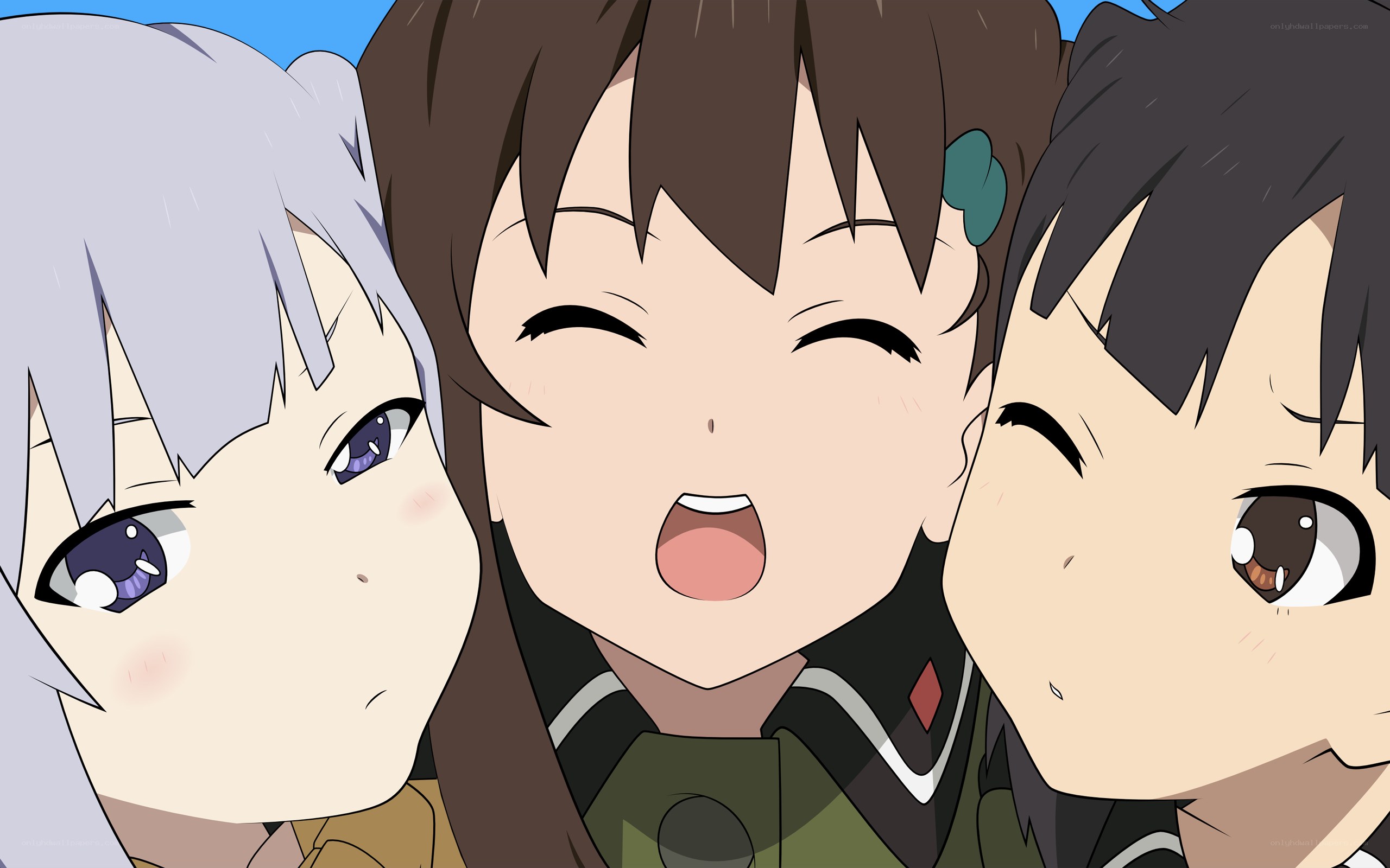 three anime girls smiling
