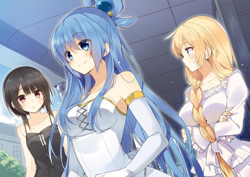 Three Anime Girls Standing — Blue, Calm