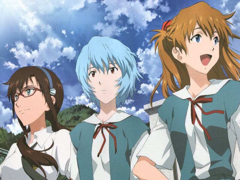 Three Anime Girls Standing — Blue, Serene