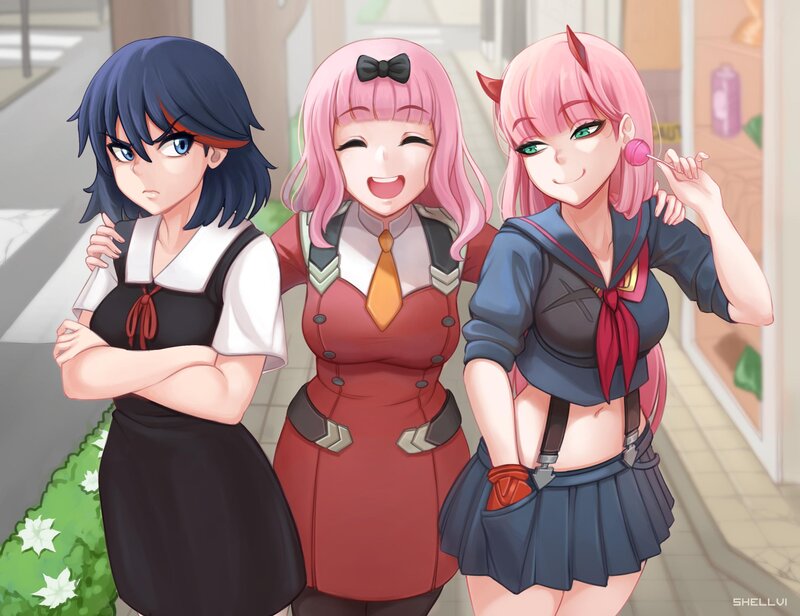 Three Anime Girls Standing — Pink, Playful