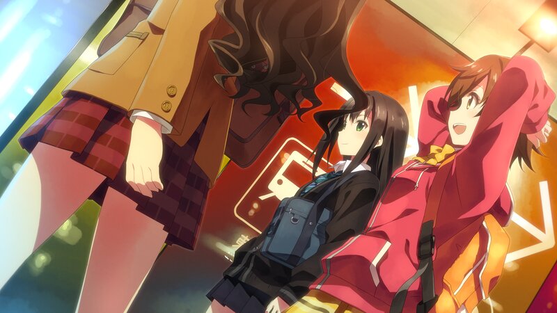 Three Anime Girls Standing — Red, Bright
