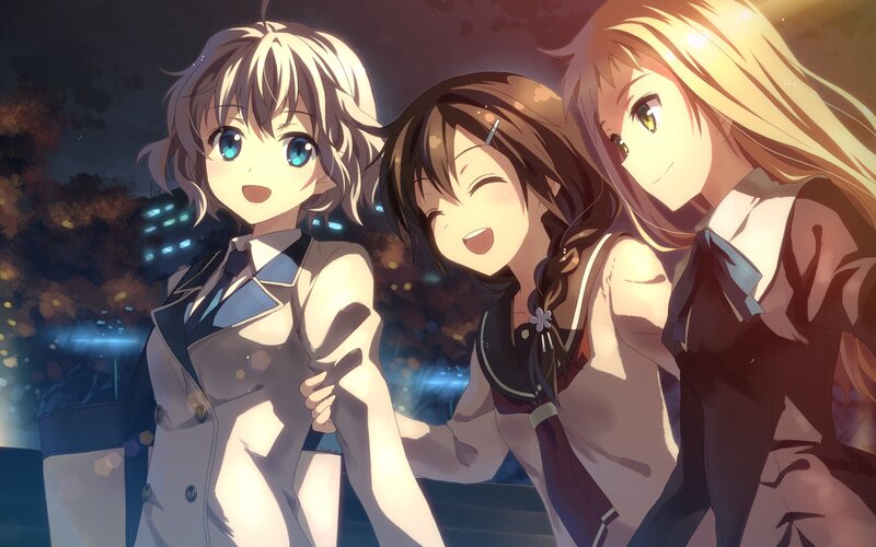 Three Anime Girls Together — Blue, Happy