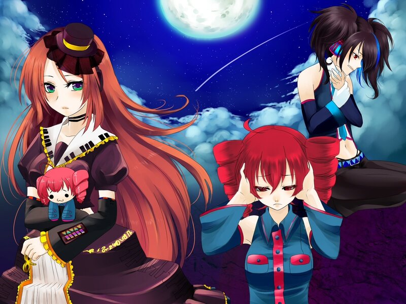 Three anime girls under a moonlit sky