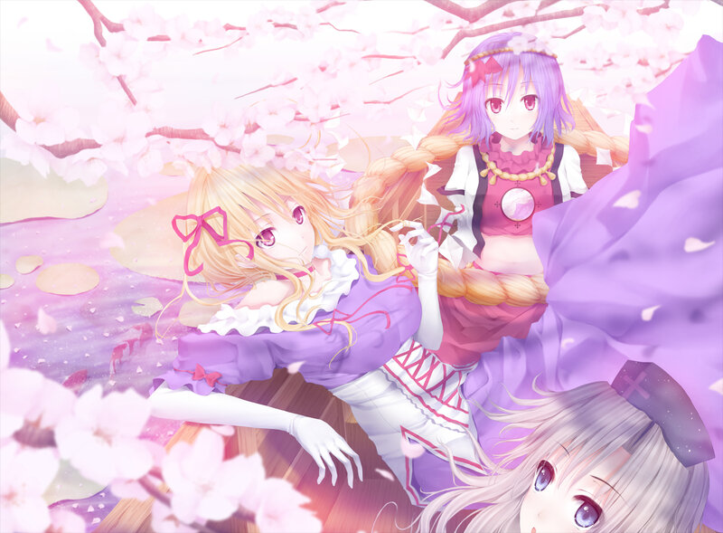 Three Anime Girls under Blossoms