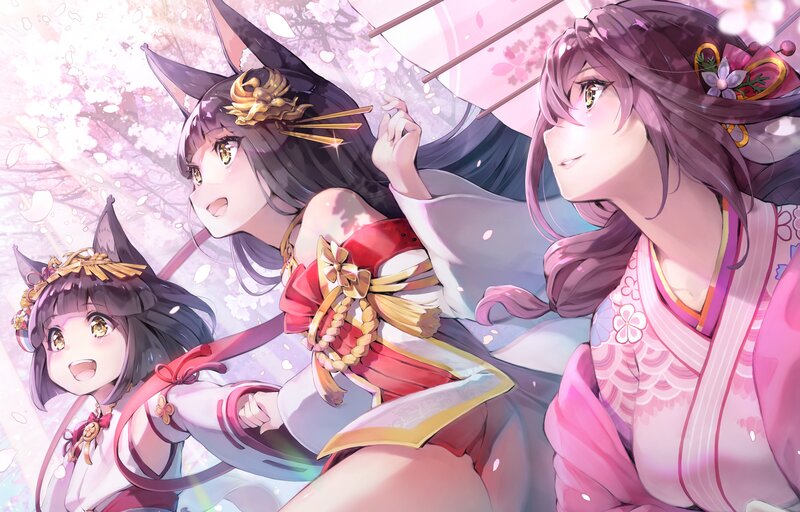 Three Anime Girls under Cherry Blossoms