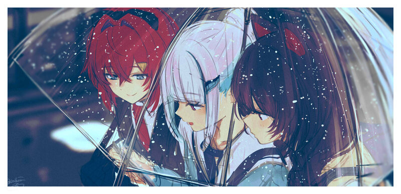 Three Anime Girls under Umbrella — Red