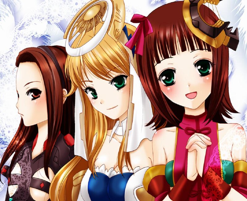 Three Anime Girls — White, Cheerful, Angel Wings