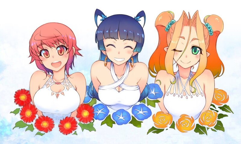 Three Anime Girls — White, Cheerful, Flowers