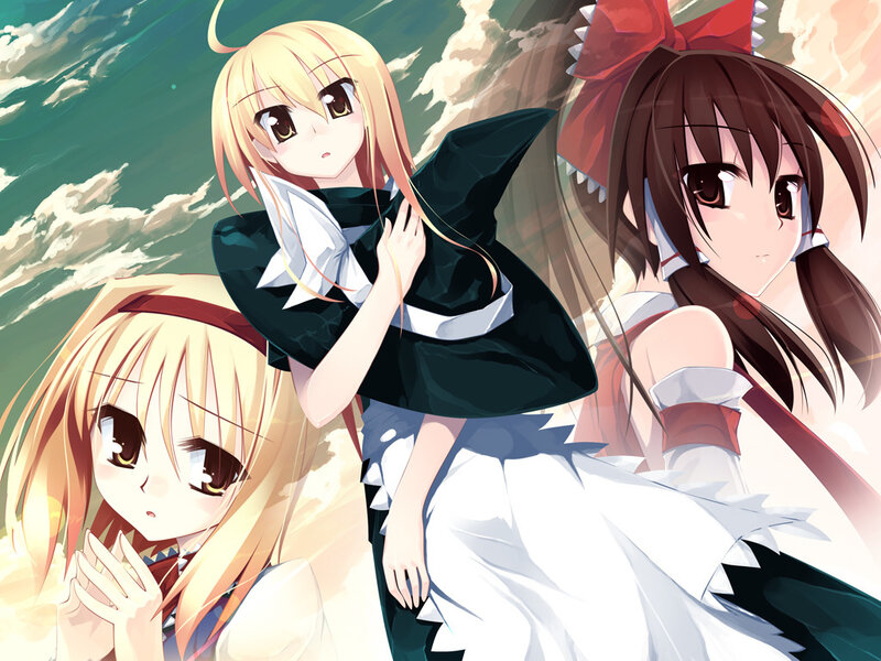 Three Anime Girls — White, Dramatic, Clouds